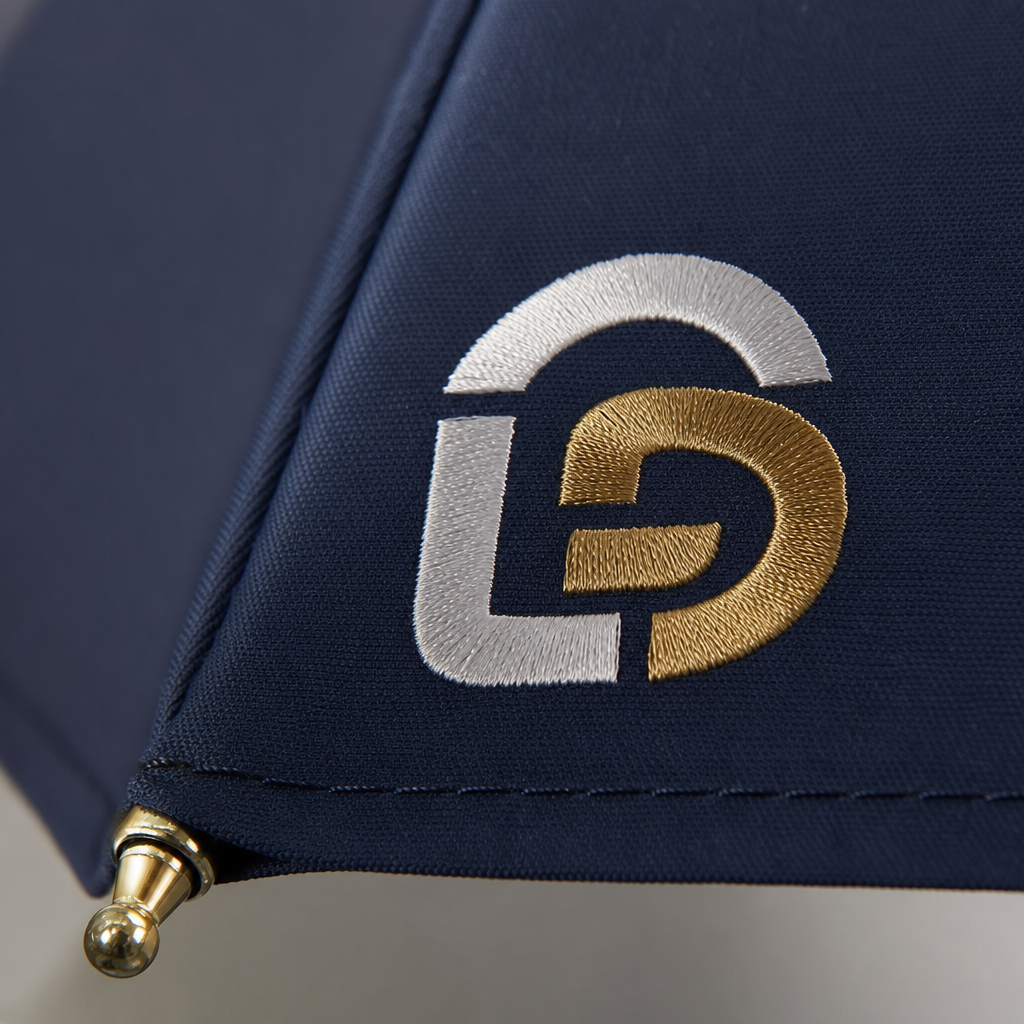 Custom Embroidered Brand Mark on Umbrella Canopy